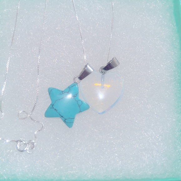 Boho Turquoise Star ⭐️ and Opal Heart ❤️ Sterling Silver 16” Necklace - Picture 3 of 6